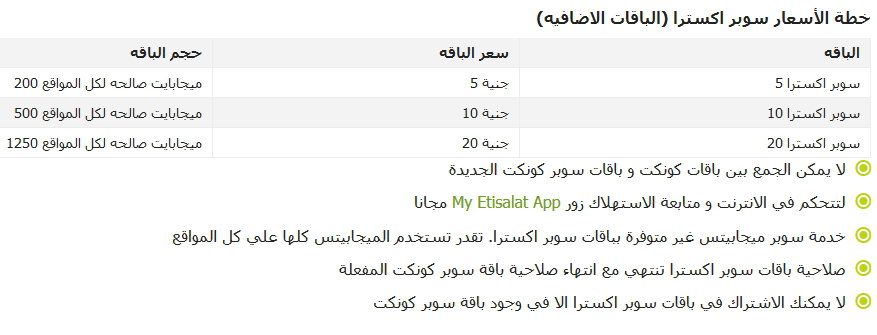 أسعار الباقات الإضافية من سوبر كونكت